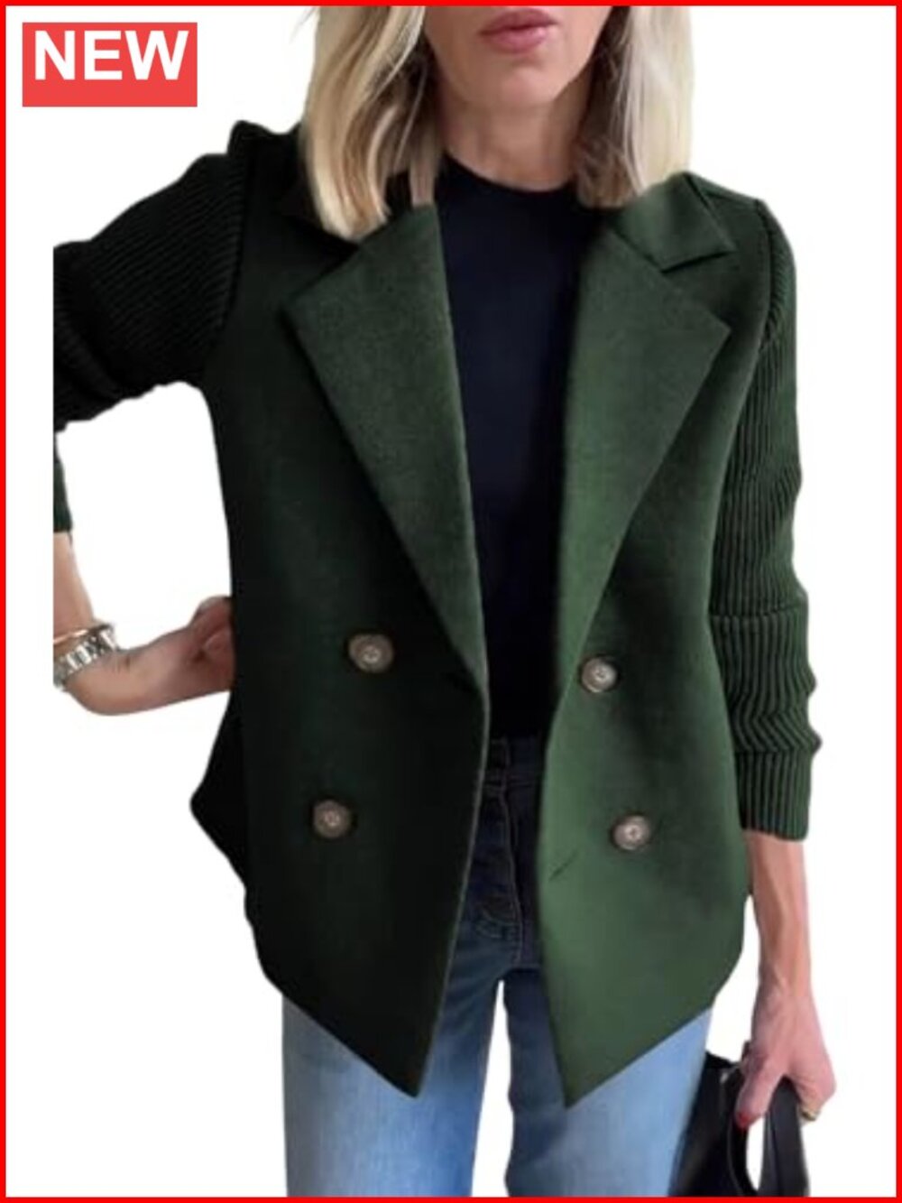 Wool Blend Pea Coat Notch Lapel Ribbed Knit Sleeves